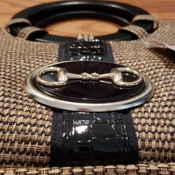 Tan/Black Medallion Bag w/Wooden Handles NWT - Picture 3 of 6